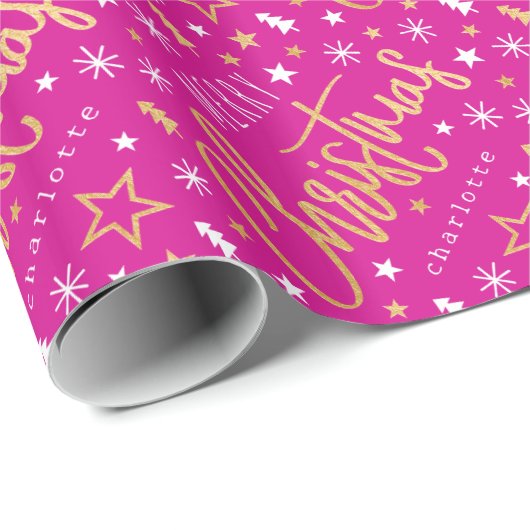 Vrolijk Kerstscript Aangepaste naam Pink Faux Gold Cadeaupapier (Rol Hoek)