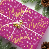 Vrolijk Kerstscript Aangepaste naam Pink Faux Gold Cadeaupapier