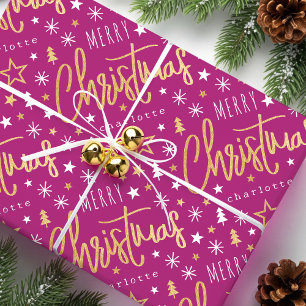 Vrolijk Kerstscript Aangepaste naam Pink Faux Gold Cadeaupapier
