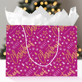 Vrolijk Kerstscript Aangepaste naam Pink Faux Gold Groot Cadeauzakje