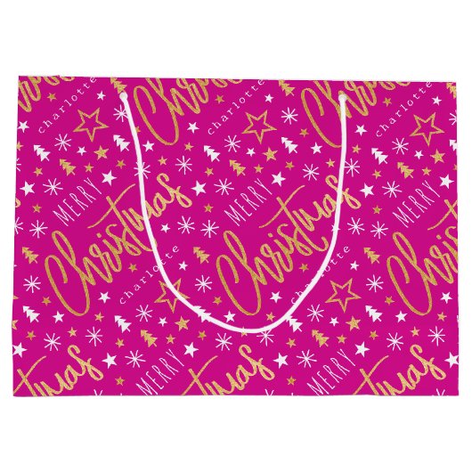 Vrolijk Kerstscript Aangepaste naam Pink Faux Gold Groot Cadeauzakje (Achterkant)