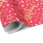 Vrolijk Kerstscript Aangepaste naam Red Faux Gold Cadeaupapier (Rol Hoek)