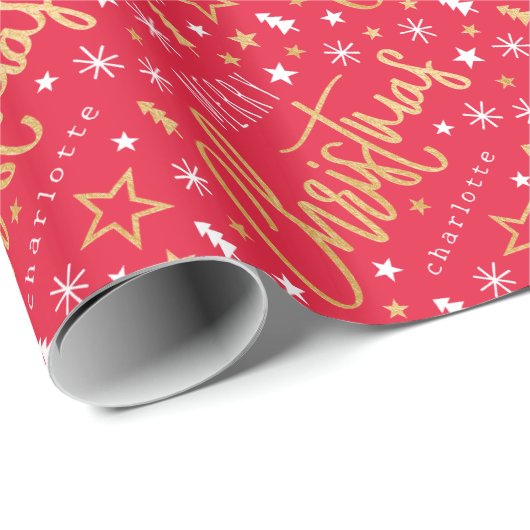 Vrolijk Kerstscript Aangepaste naam Red Faux Gold Cadeaupapier (Rol Hoek)