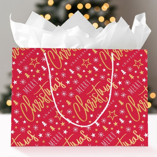 Vrolijk Kerstscript Aangepaste naam Red Faux Gold Groot Cadeauzakje