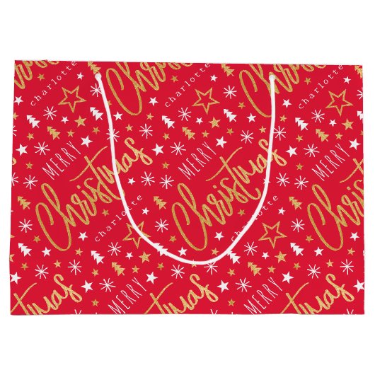 Vrolijk Kerstscript Aangepaste naam Red Faux Gold Groot Cadeauzakje (Achterkant)