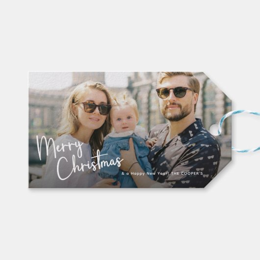 Vrolijk kerstscript belettering 2 foto cadeaulabel (Voorkant (Horizontaal))
