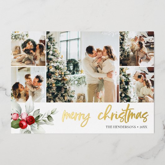 Vrolijk kerstscript Berry laat fotocollage Folie Feestdagenkaart (Voorkant)