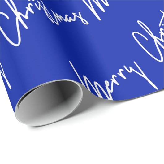 Vrolijk kerstscript Blauwe Zeeviering Witte winter Cadeaupapier (Rol Hoek)