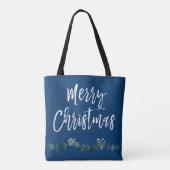 Vrolijk kerstscript Blue Christmas Tote Bag (Achterkant)