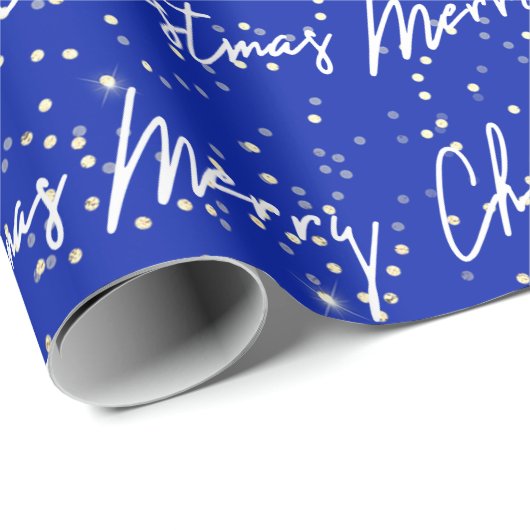 Vrolijk kerstscript Blue Navy Gold Confetti Cadeaupapier (Rol Hoek)