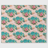 Vrolijk kerstscript Blue Ocean Gold Pink Roses Cadeaupapier (Vlak)