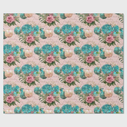 Vrolijk kerstscript Blue Ocean Gold Pink Roses Cadeaupapier (Vlak)