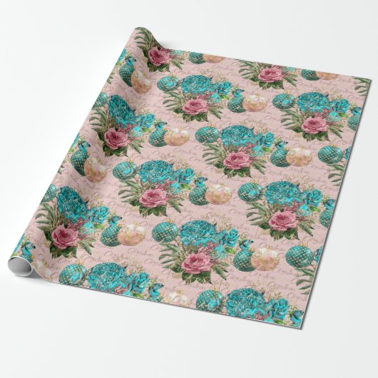 Vrolijk kerstscript Blue Ocean Gold Pink Roses Cadeaupapier (Uitgerold)