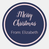 Vrolijk kerstscript Bord roze & donkerblauw naam Ronde Sticker (Voorkant)