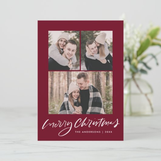 Vrolijk kerstscript Cranberry 3 fotocollage Feestdagenkaart (Staand voorkant)