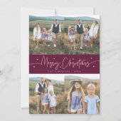 Vrolijk kerstscript Cranberry Multi Photo Feestdagenkaart (Voorkant)