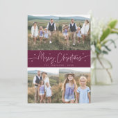 Vrolijk kerstscript Cranberry Multi Photo Feestdagenkaart (Staand voorkant)