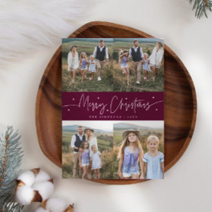 Vrolijk kerstscript Cranberry Multi Photo Feestdagenkaart