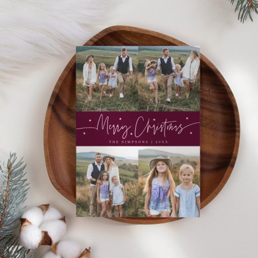 Vrolijk kerstscript Cranberry Multi Photo Feestdagenkaart