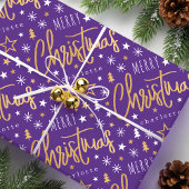 Vrolijk Kerstscript Custom Paarse Faux Gold Cadeaupapier