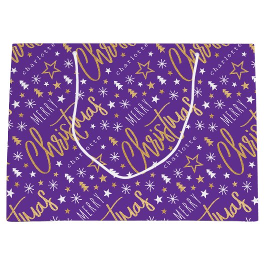 Vrolijk Kerstscript Custom Paarse Faux Gold Groot Cadeauzakje (Voorkant)