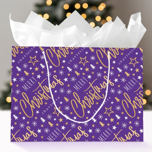 Vrolijk Kerstscript Custom Paarse Faux Gold Groot Cadeauzakje