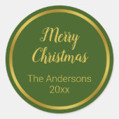 Vrolijk Kerstscript Donkergroen & Goud Naam Jaar Ronde Sticker (Voorkant)