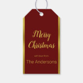 Vrolijk kerstscript donkerrood en gouden Jouw naam Cadeaulabel (Voorkant)