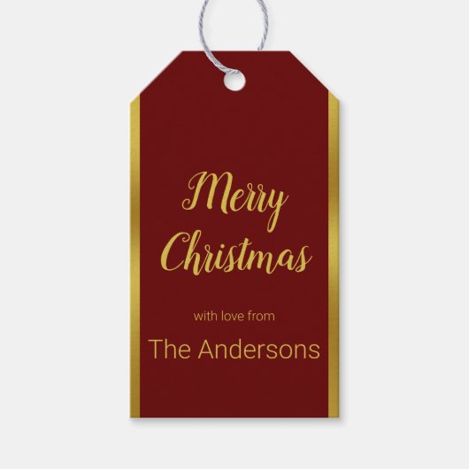 Vrolijk kerstscript donkerrood en gouden Jouw naam Cadeaulabel (Voorkant)