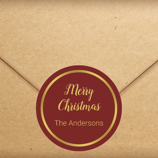 Vrolijk kerstscript donkerrood en gouden Jouw naam Ronde Sticker