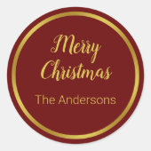 Vrolijk kerstscript donkerrood en gouden Jouw naam Ronde Sticker (Voorkant)