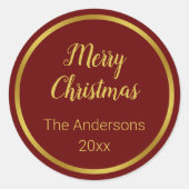 Vrolijk kerstscript donkerrood en gouden naamjaar ronde sticker (Voorkant)