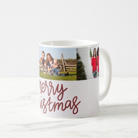 Vrolijk kerstscript drie foto koffiemok (Voorkant rechts)