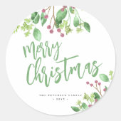 Vrolijk kerstscript eenvoudig modern elegant ronde sticker (Voorkant)