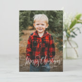Vrolijk kerstscript eenvoudige rode foto feestdagenkaart (Staand voorkant)