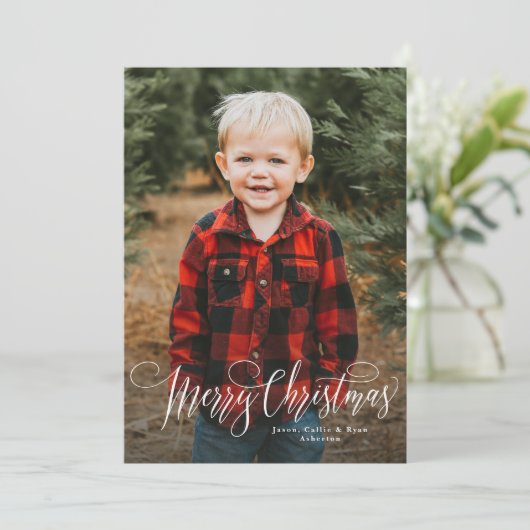 Vrolijk kerstscript eenvoudige rode foto feestdagenkaart (Staand voorkant)