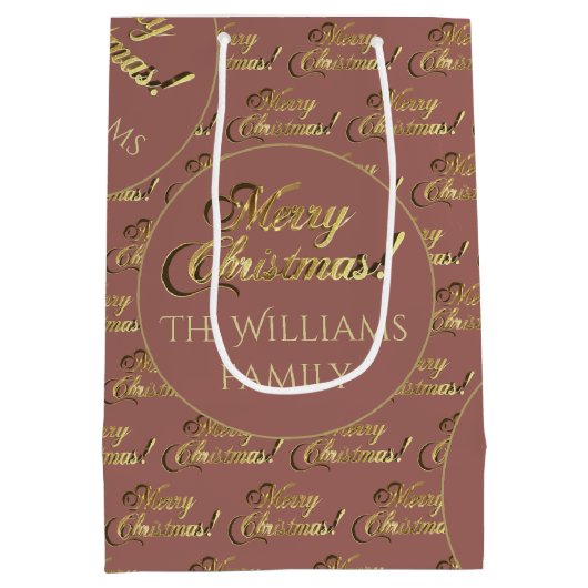 Vrolijk kerstscript Elegant Roos Gold Add Name Medium Cadeauzakje (Achterkant)