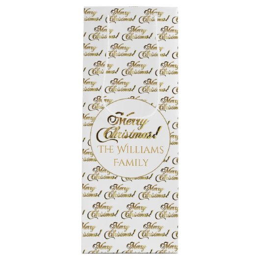 Vrolijk kerstscript Elegant wit en goud Wijn Cadeautas (Voorkant)