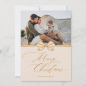 Vrolijk Kerstscript Elegante Bow & Ribbon Foto Feestdagenkaart (Voorkant)