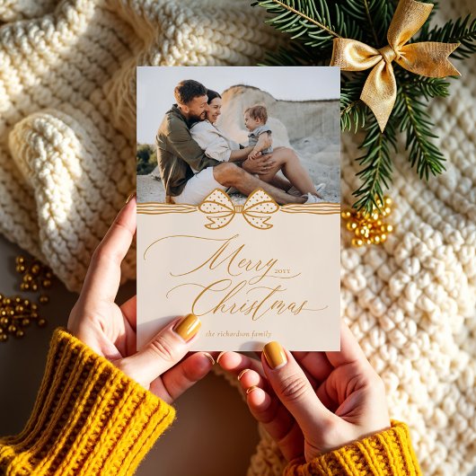 Vrolijk Kerstscript Elegante Bow & Ribbon Foto Feestdagenkaart