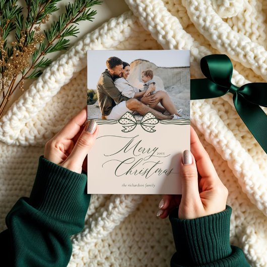 Vrolijk Kerstscript Elegante Bow & Ribbon Foto Feestdagenkaart