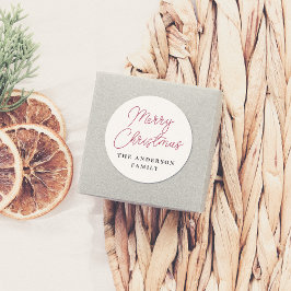 Vrolijk kerstscript en familienaam gepersonaliseer ronde sticker