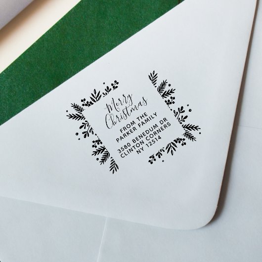 Vrolijk kerstscript en Greenery Return-adres Rubberstempel