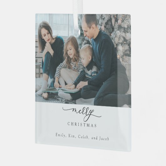 Vrolijk kerstscript Foto Modern Chic Minimal Glas Ornament (Voorkant links)