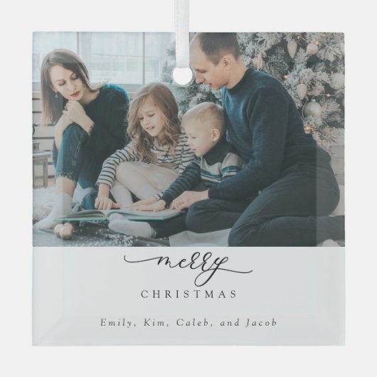 Vrolijk kerstscript Foto Modern Chic Minimal Glas Ornament (Voorkant)