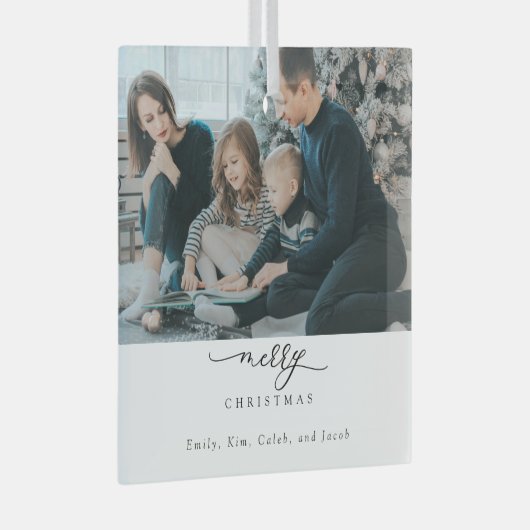 Vrolijk kerstscript Foto Modern Chic Minimal Glas Ornament (Voorkant Rechts)