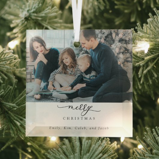 Vrolijk kerstscript Foto Modern Chic Minimal Glas Ornament (Insitu)