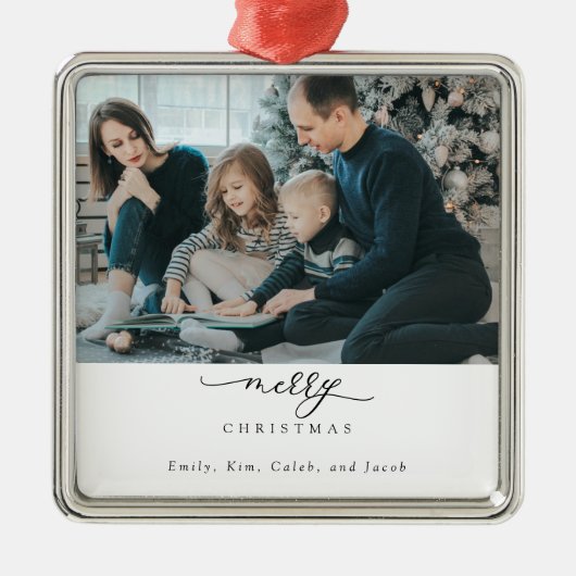 Vrolijk kerstscript Foto Modern Chic Minimal Metalen Ornament (Voorkant)