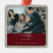 Vrolijk Kerstscript Foto Modern Chic Rood Wit Metalen Ornament (Voorkant)