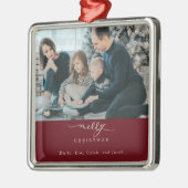 Vrolijk Kerstscript Foto Modern Chic Rood Wit Metalen Ornament (Links)